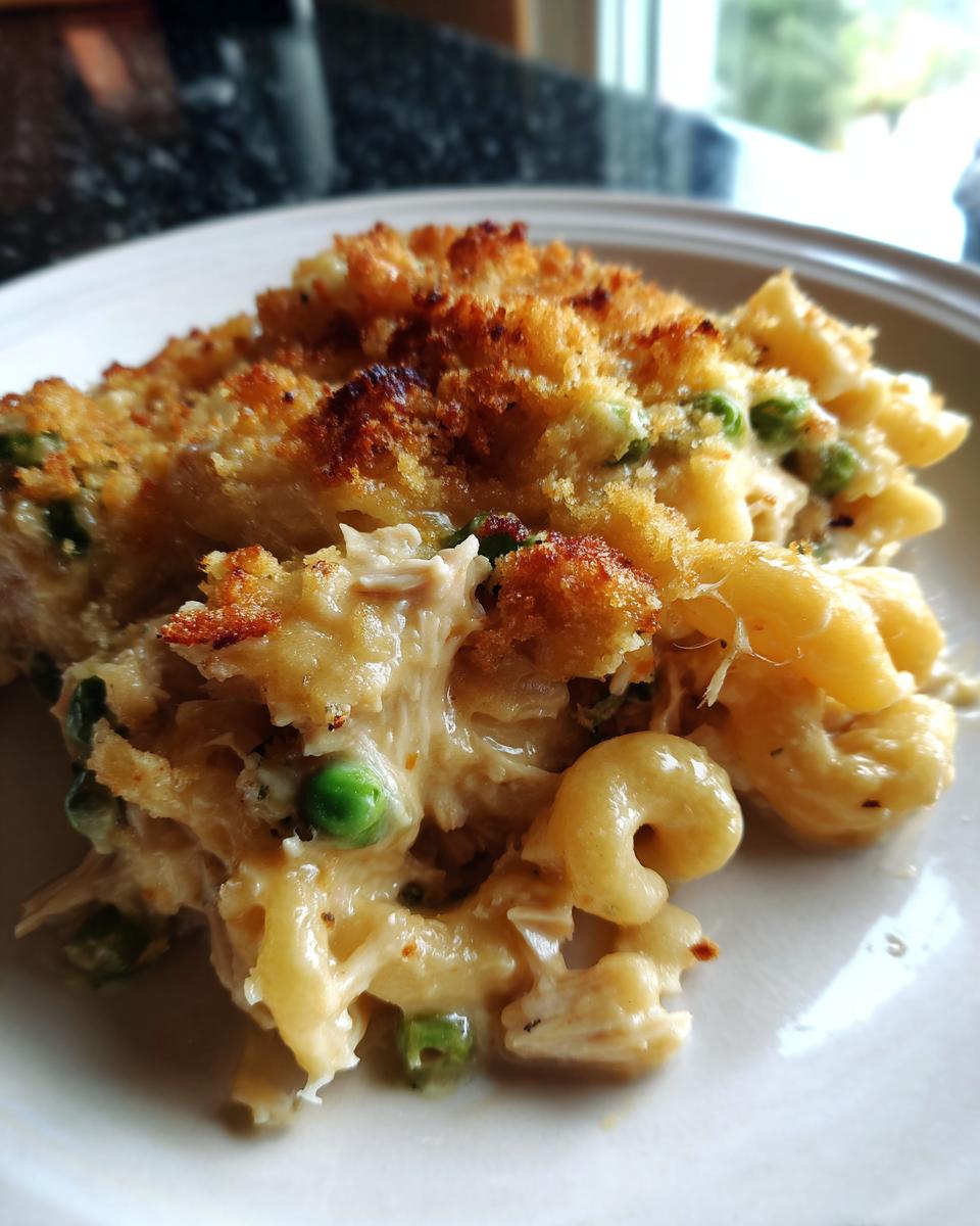 Close-up of creamy tuna pasta with peas, topped with a crispy, golden brown breadcrumb crust.