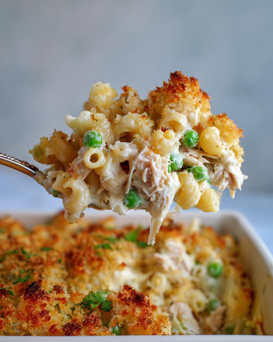 A spoonful of creamy tuna pasta with peas and a crunchy breadcrumb topping being lifted from a casserole dish.
