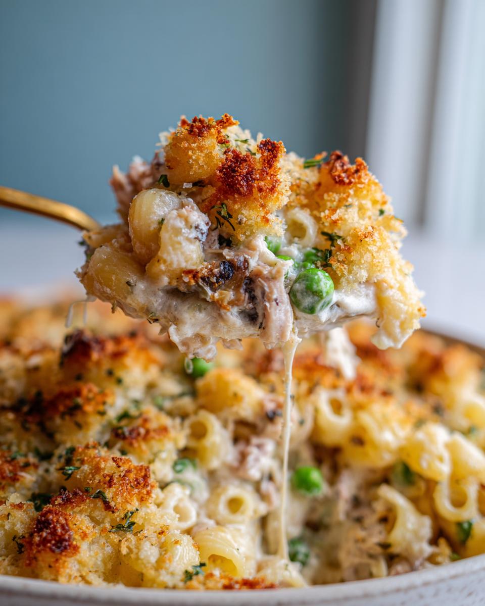 A spoonful of creamy tuna pasta with peas and a crispy, golden breadcrumb topping being lifted from the dish.