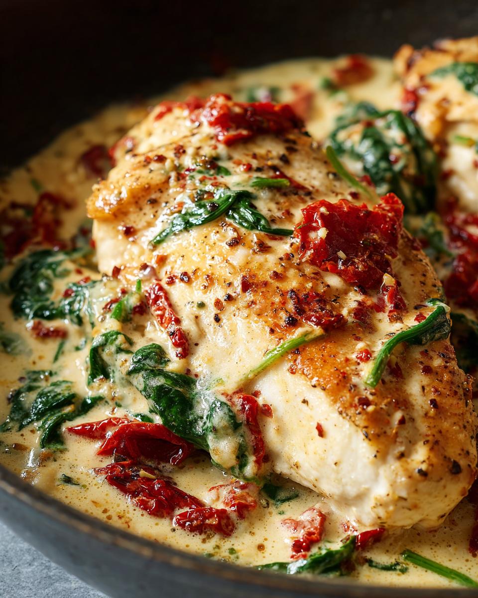A close-up shot of a perfectly seared chicken breast smothered in a rich, creamy Tuscan sauce with spinach and sun-dried tomatoes, showcasing the creamy tuscan chicken.