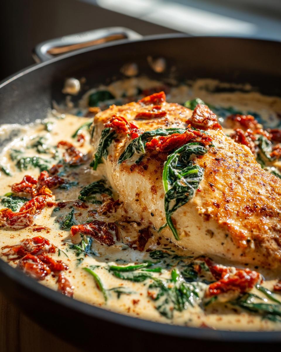 Close-up of pan-seared creamy Tuscan chicken breast covered in a rich cream sauce with spinach and sun-dried tomatoes.