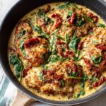 Close-up of pan-seared creamy Tuscan chicken breasts simmering in a rich sauce with spinach and sun-dried tomatoes.