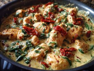 Close-up of tender chicken pieces simmering in a rich, creamy Tuscan sauce with spinach and sun-dried tomatoes, featuring creamy tuscan chicken.