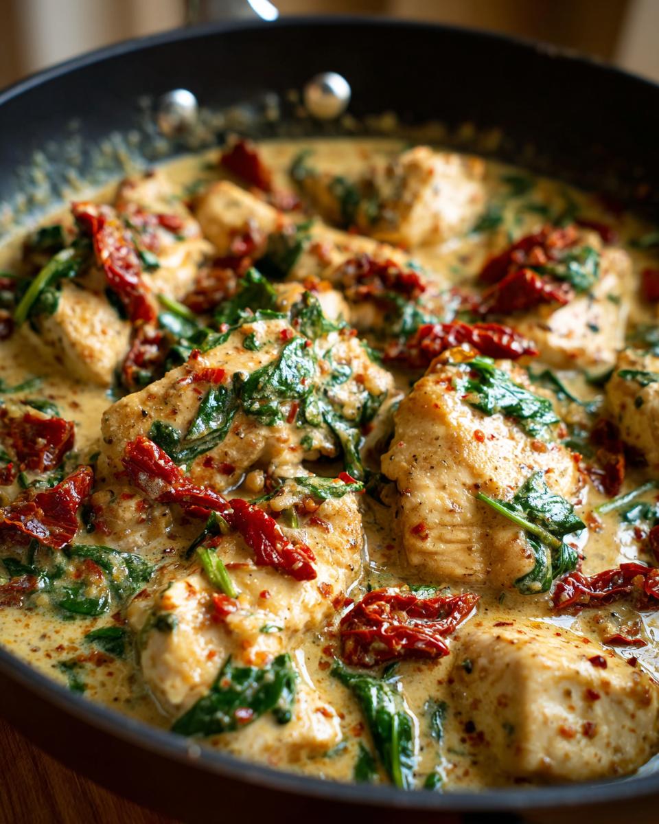 Close-up of seared chicken pieces smothered in a rich, creamy Tuscan sauce with spinach and sun-dried tomatoes.