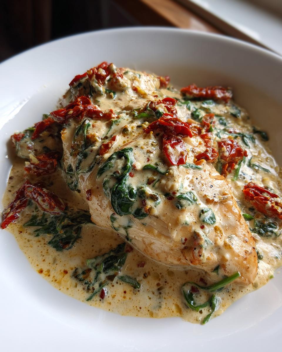 Close-up of creamy Tuscan chicken breast smothered in a rich cream sauce with spinach and sun-dried tomatoes.
