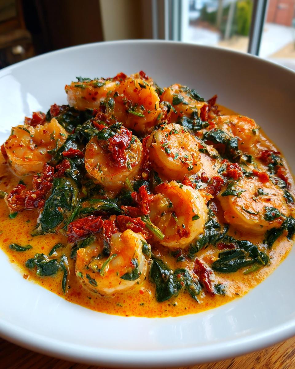 Close-up of rich, creamy tuscan shrimp served in a white bowl with spinach and sun-dried tomatoes.