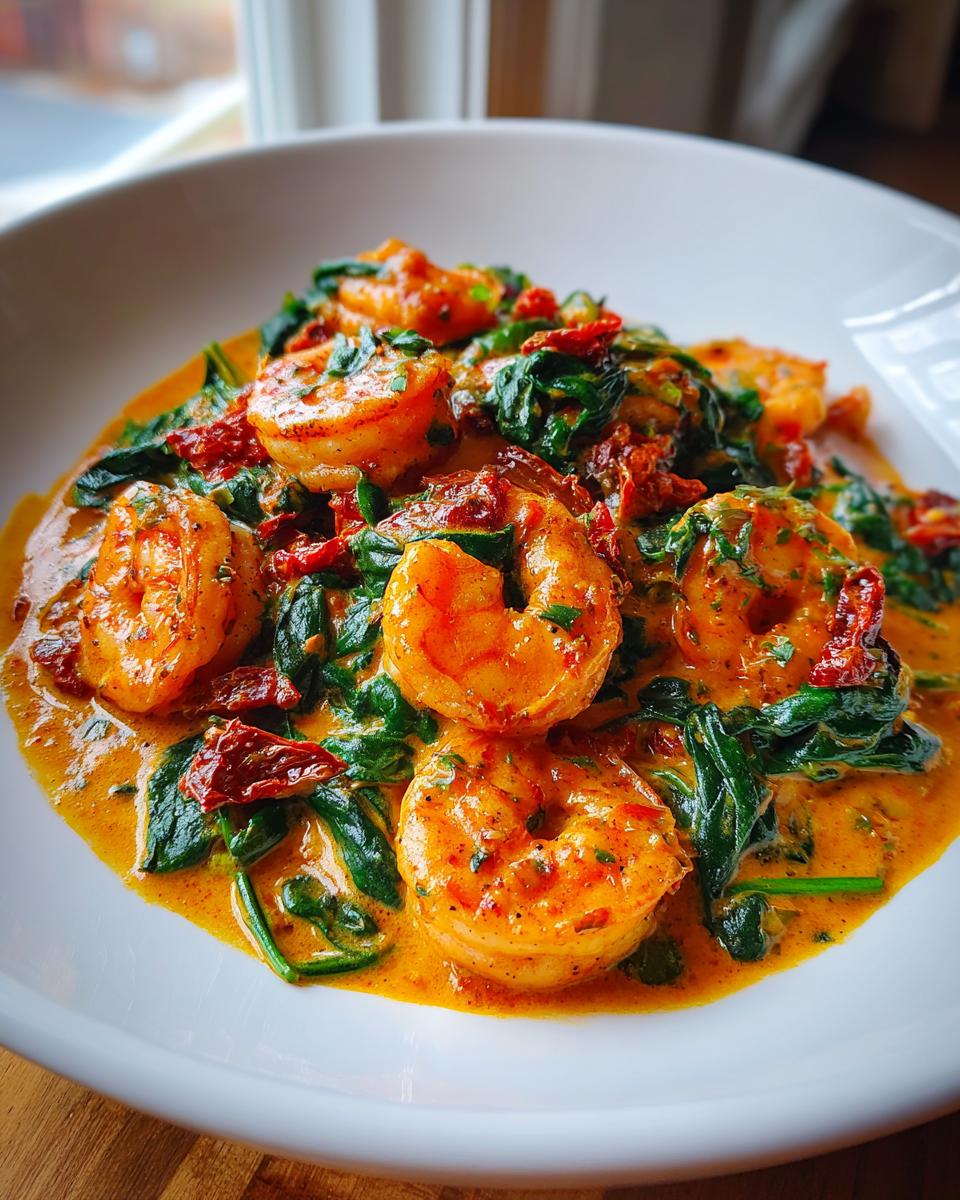 A close-up of creamy tuscan shrimp served in a white bowl with wilted spinach and sun-dried tomatoes.