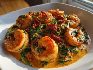 A close-up photograph of succulent Tuscan shrimp served in a rich, creamy sauce with wilted spinach and sun-dried tomatoes.