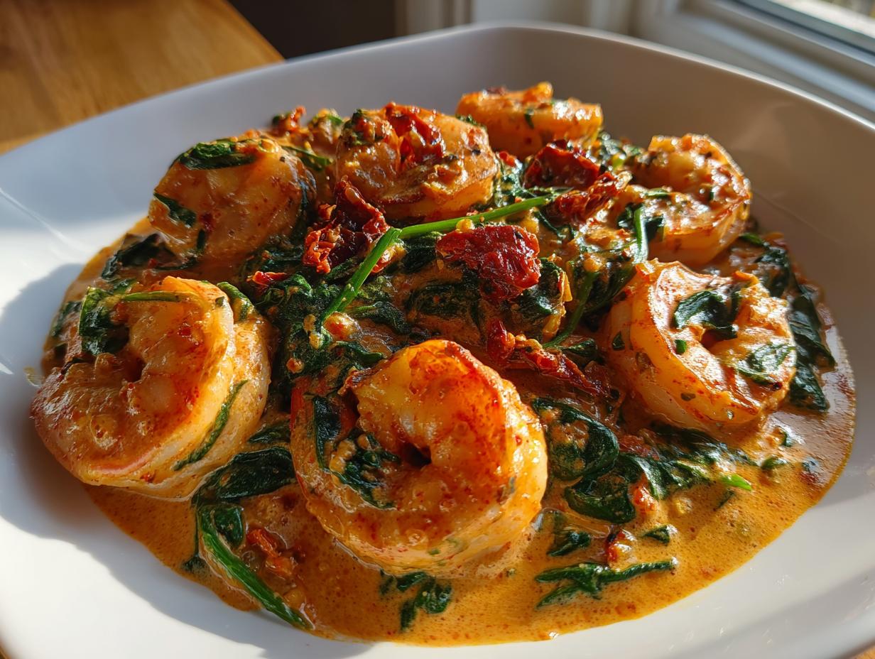 A close-up photograph of succulent Tuscan shrimp served in a rich, creamy sauce with wilted spinach and sun-dried tomatoes.