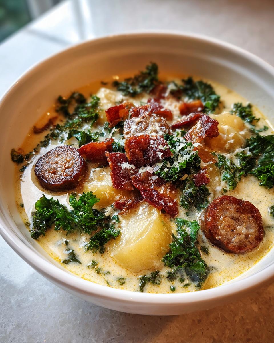 Close-up of a bowl of creamy Zuppa Toscana soup topped with sausage, crispy bacon, kale, and Parmesan.