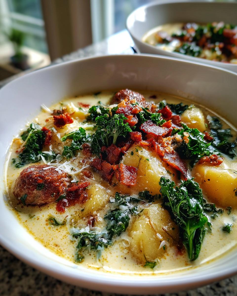 Close-up of a bowl of creamy Zuppa Toscana soup featuring potatoes, sausage, kale, and bacon crumbles.