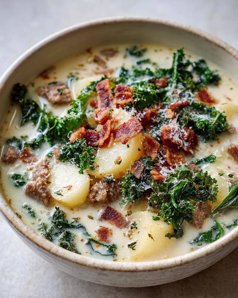 Close-up of a creamy bowl of Zuppa Toscana soup topped with kale, sausage, bacon, and Parmesan cheese.