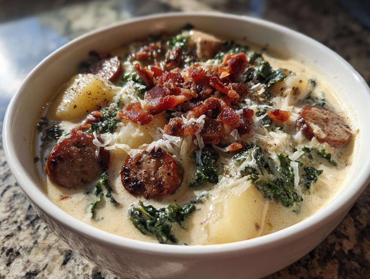 A close-up of a bowl of creamy Zuppa Toscana soup topped with sausage, kale, potatoes, bacon, and Parmesan cheese.