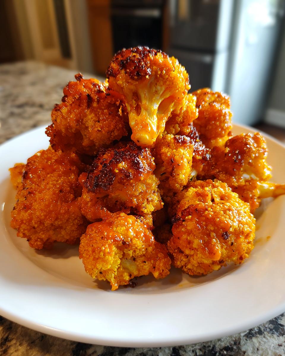 A pile of crispy, orange-glazed buffalo cauliflower florets stacked high on a white plate.