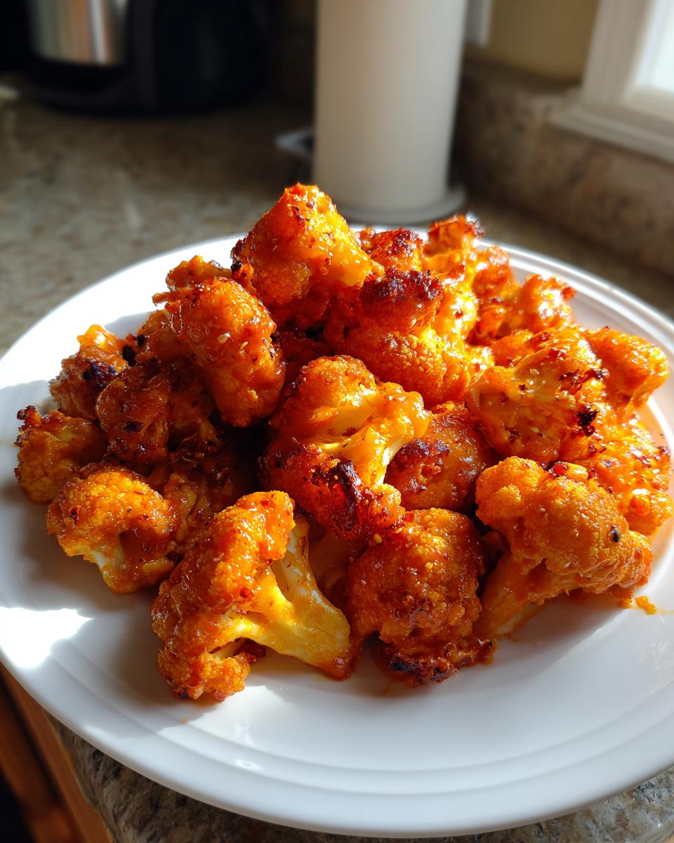 A pile of crispy, bright orange buffalo cauliflower florets served on a white plate, catching sunlight.