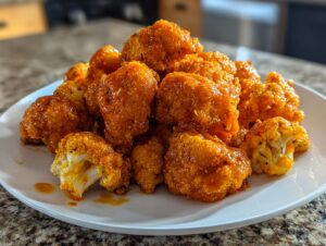 A pile of crispy, orange-glazed buffalo cauliflower bites served on a white plate.