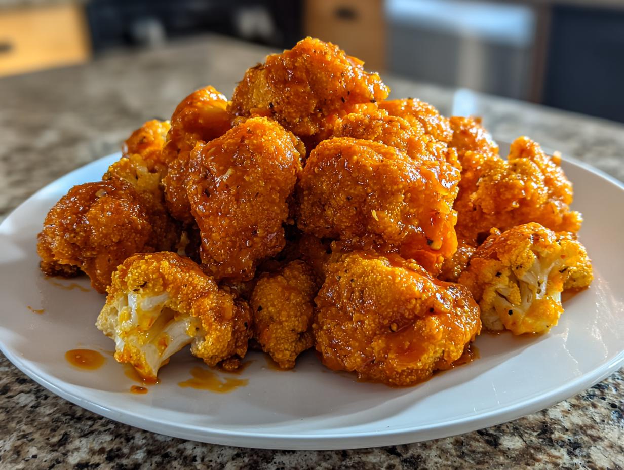 A pile of crispy, orange-glazed buffalo cauliflower bites served on a white plate.