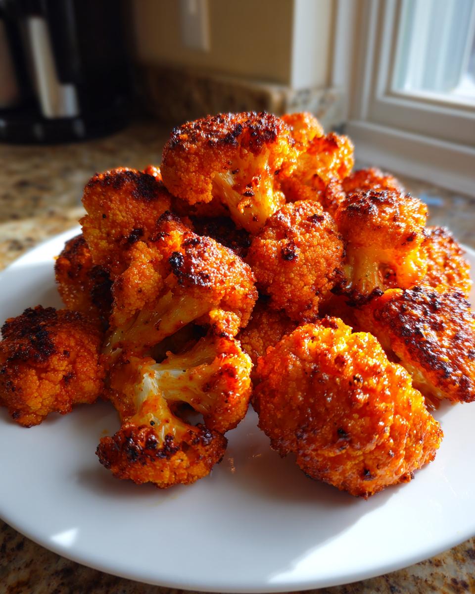 A pile of crispy, bright orange buffalo cauliflower florets with charred edges served on a white plate.