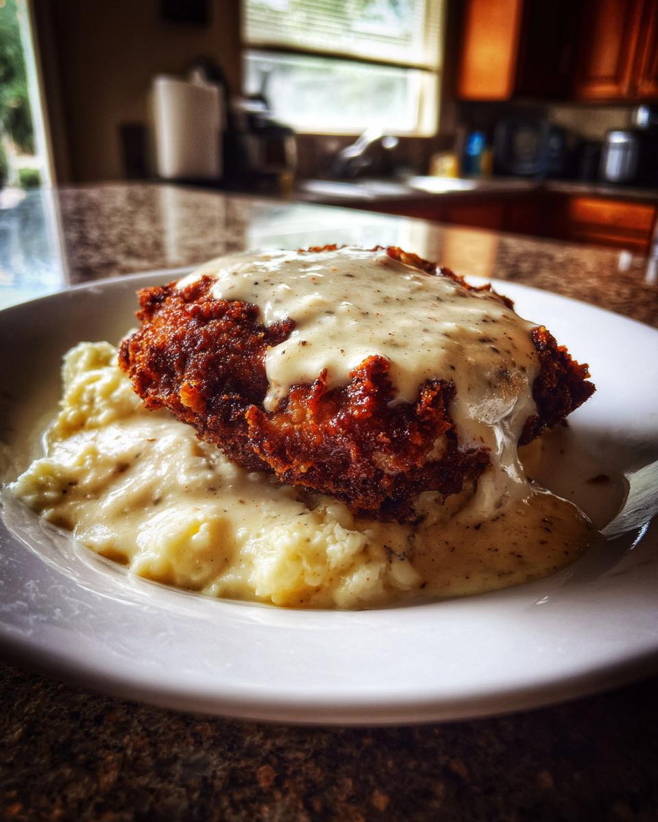 A close-up of crispy chicken fried steak smothered in white peppered gravy, served over mashed potatoes.