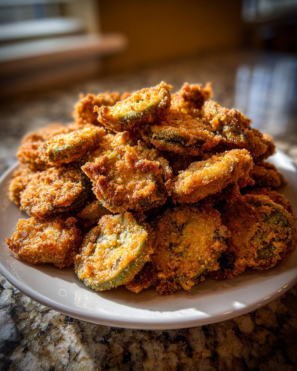 A generous mound of golden brown, crispy fried okra slices piled high on a white plate.