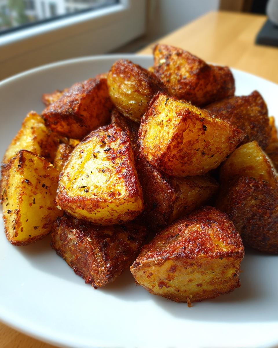 Close-up of golden brown, crispy roasted potatoes seasoned with herbs on a white plate.