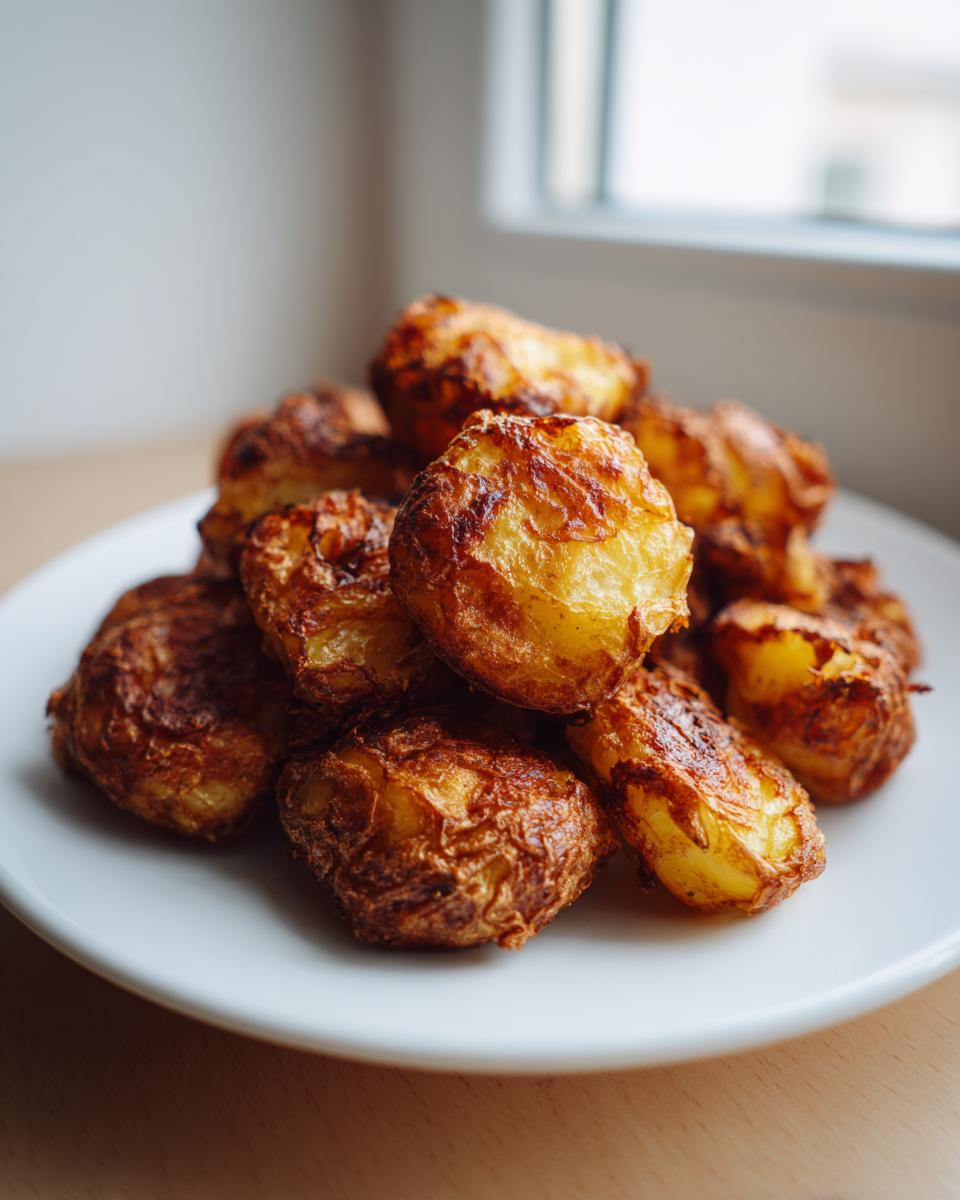 A close-up of a pile of golden brown, crispy roasted potatoes served on a white plate.