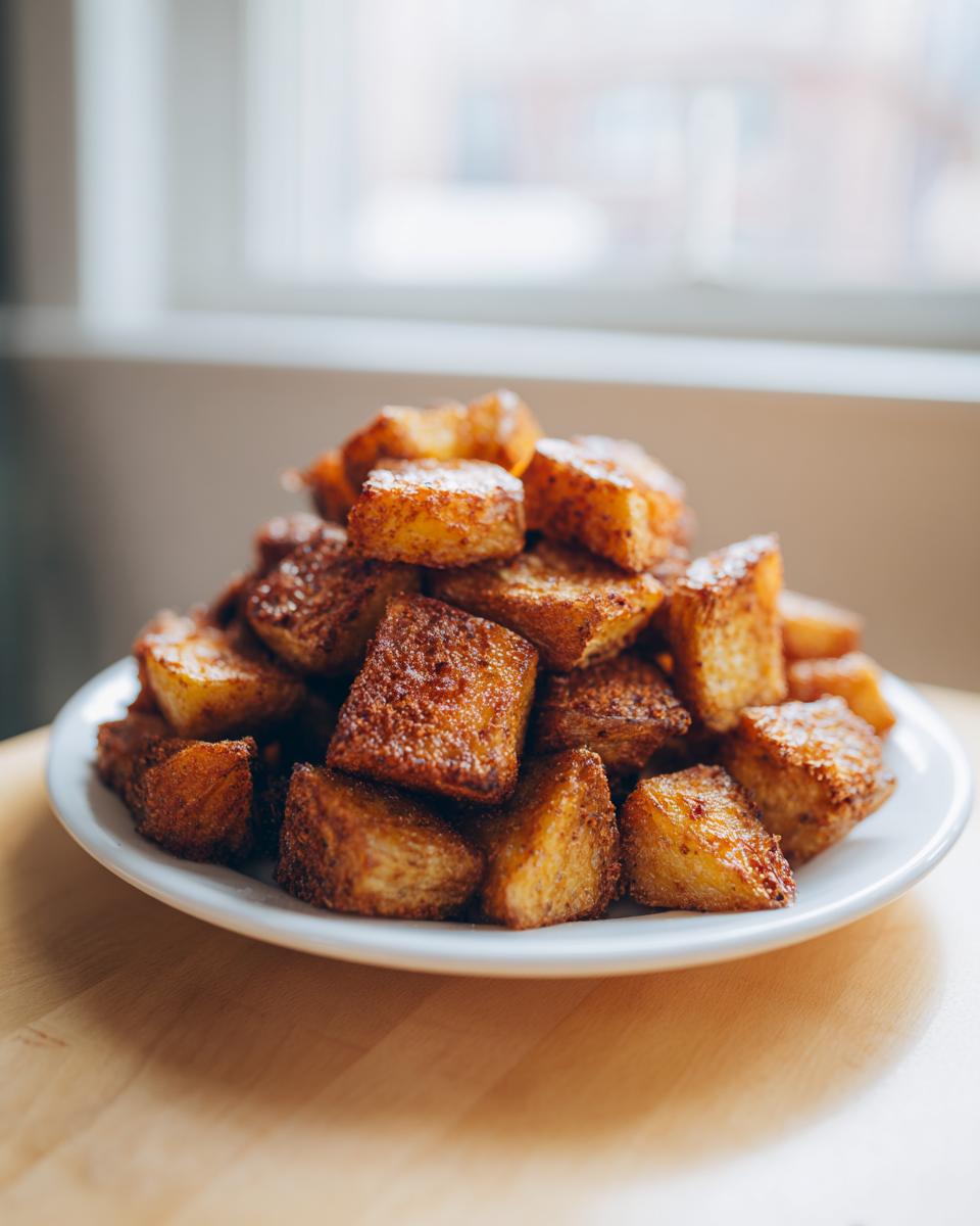 A mound of perfectly golden and crispy roasted potatoes piled high on a white plate.
