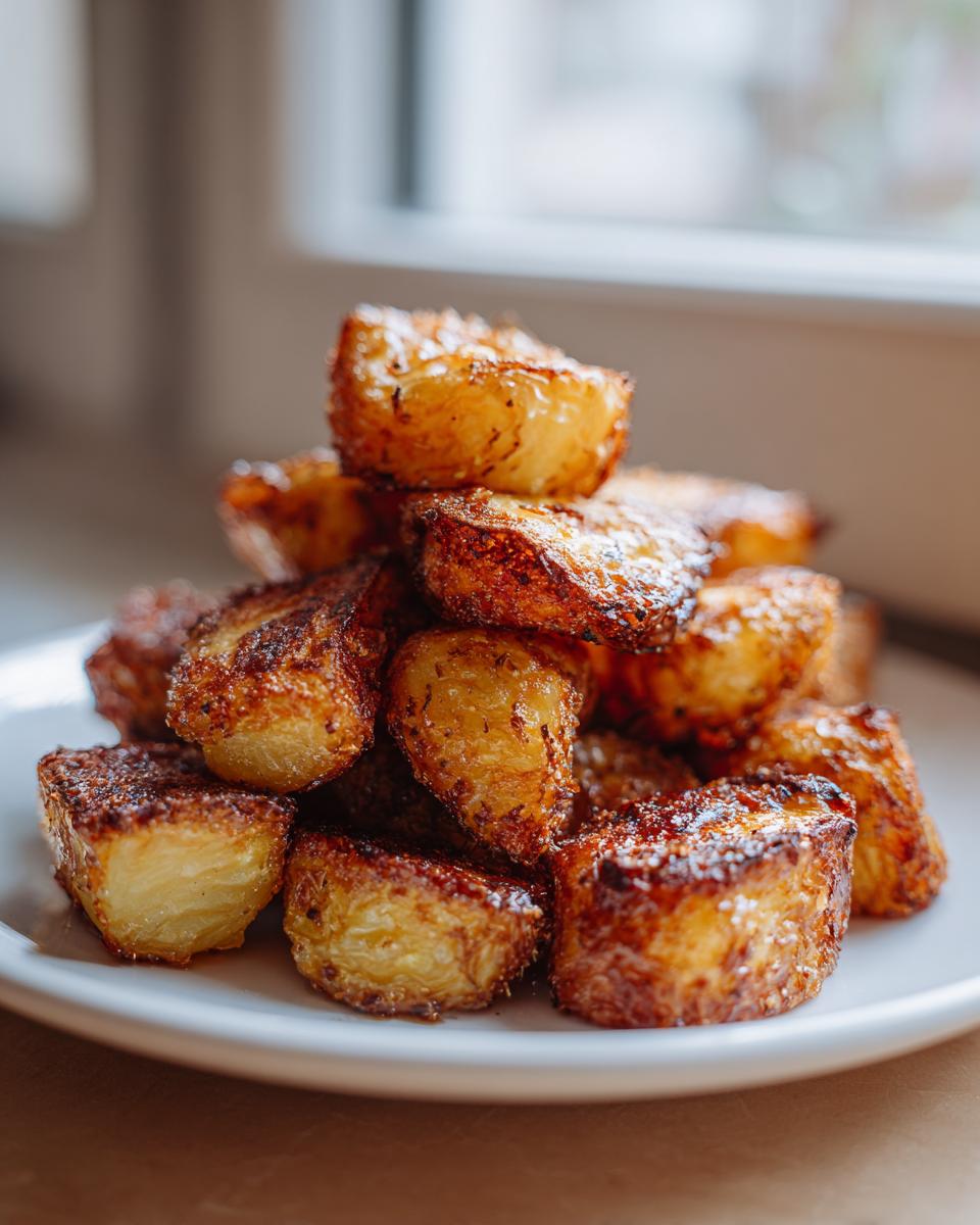 A close-up stack of golden brown, crispy roasted potatoes glistening under natural light.