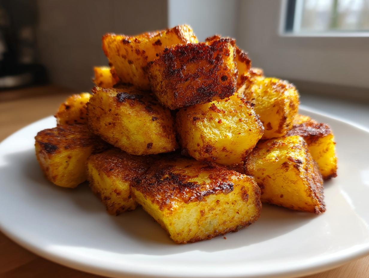 A close-up of perfectly golden and crispy roasted potatoes piled high on a white plate.