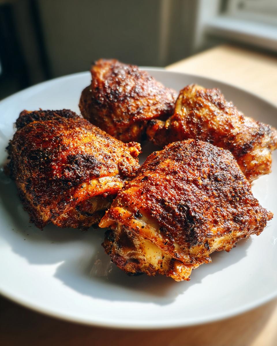 Four perfectly cooked, crispy skin chicken thighs heavily seasoned and resting on a white plate.