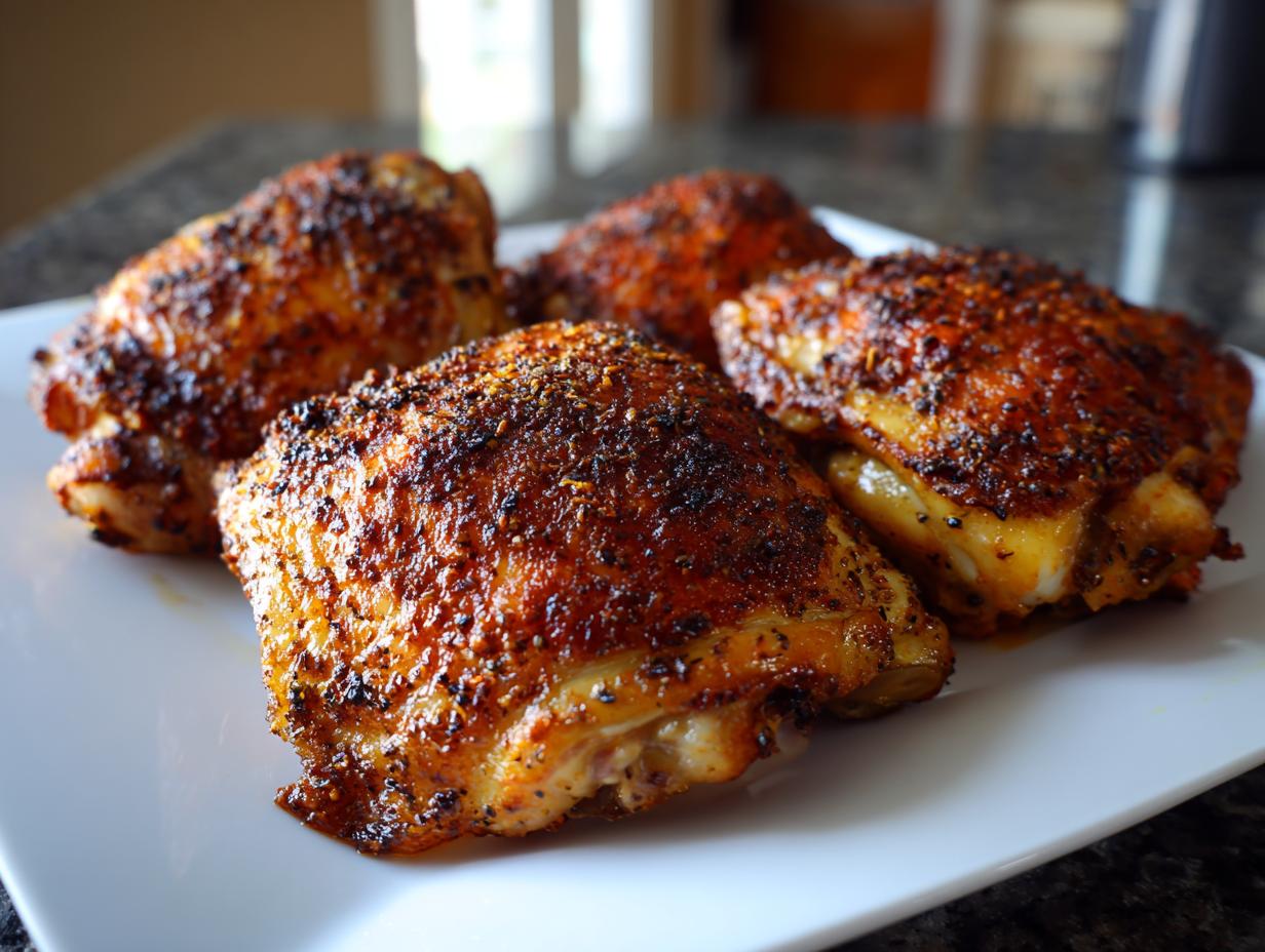 Four perfectly cooked, seasoned chicken thighs with crispy, dark skin resting on a white serving plate.