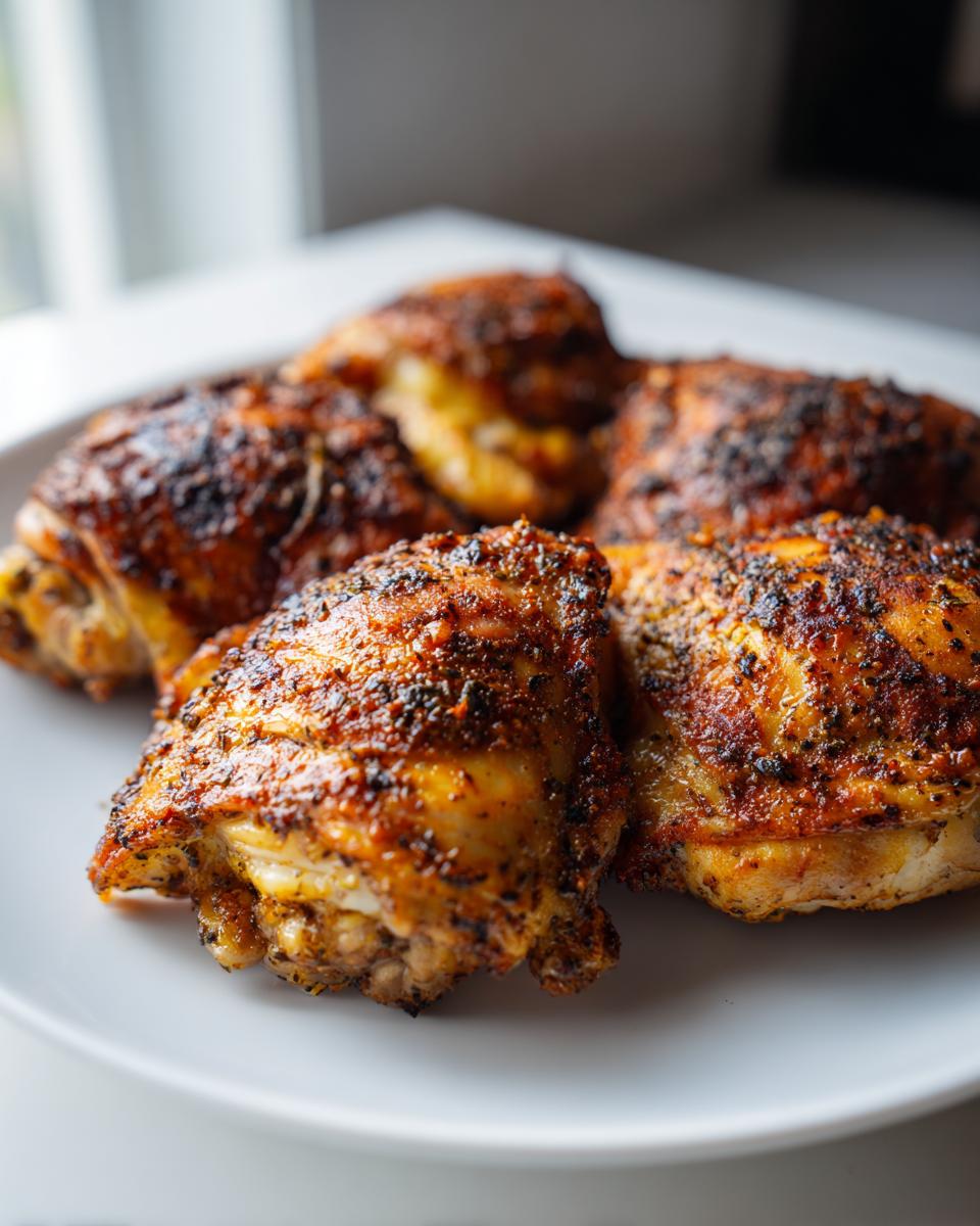 Close-up of perfectly cooked, seasoned chicken thighs with beautifully crispy, dark brown skin.