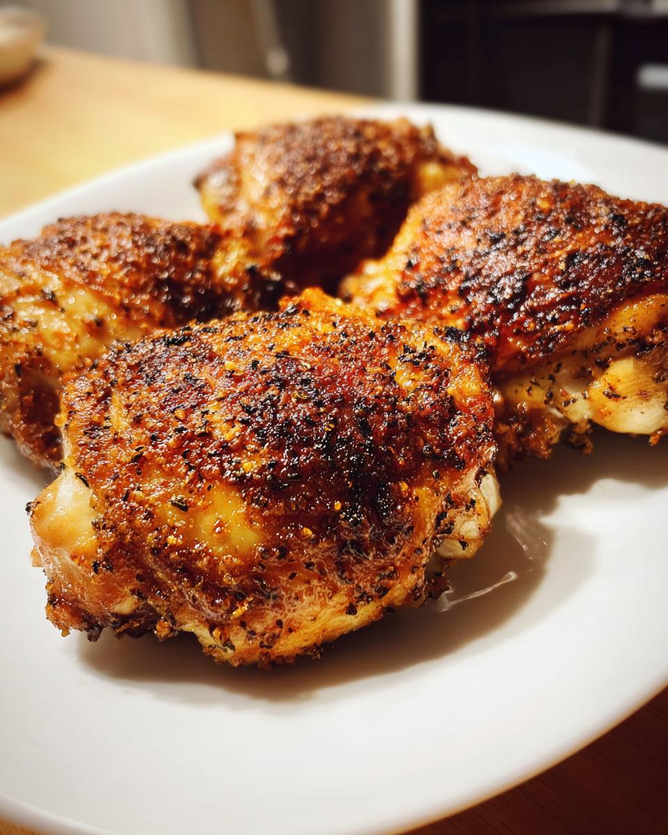 Four perfectly cooked chicken thighs with dark, crispy, seasoned skin served on a white plate.