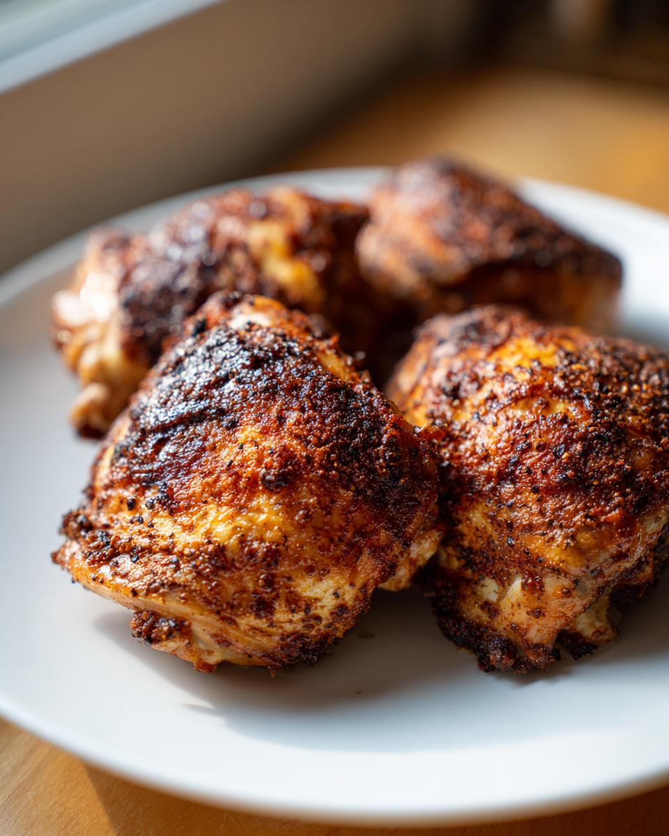 Close-up of four perfectly cooked chicken thighs with dark, crispy, seasoned skin served on a white plate.