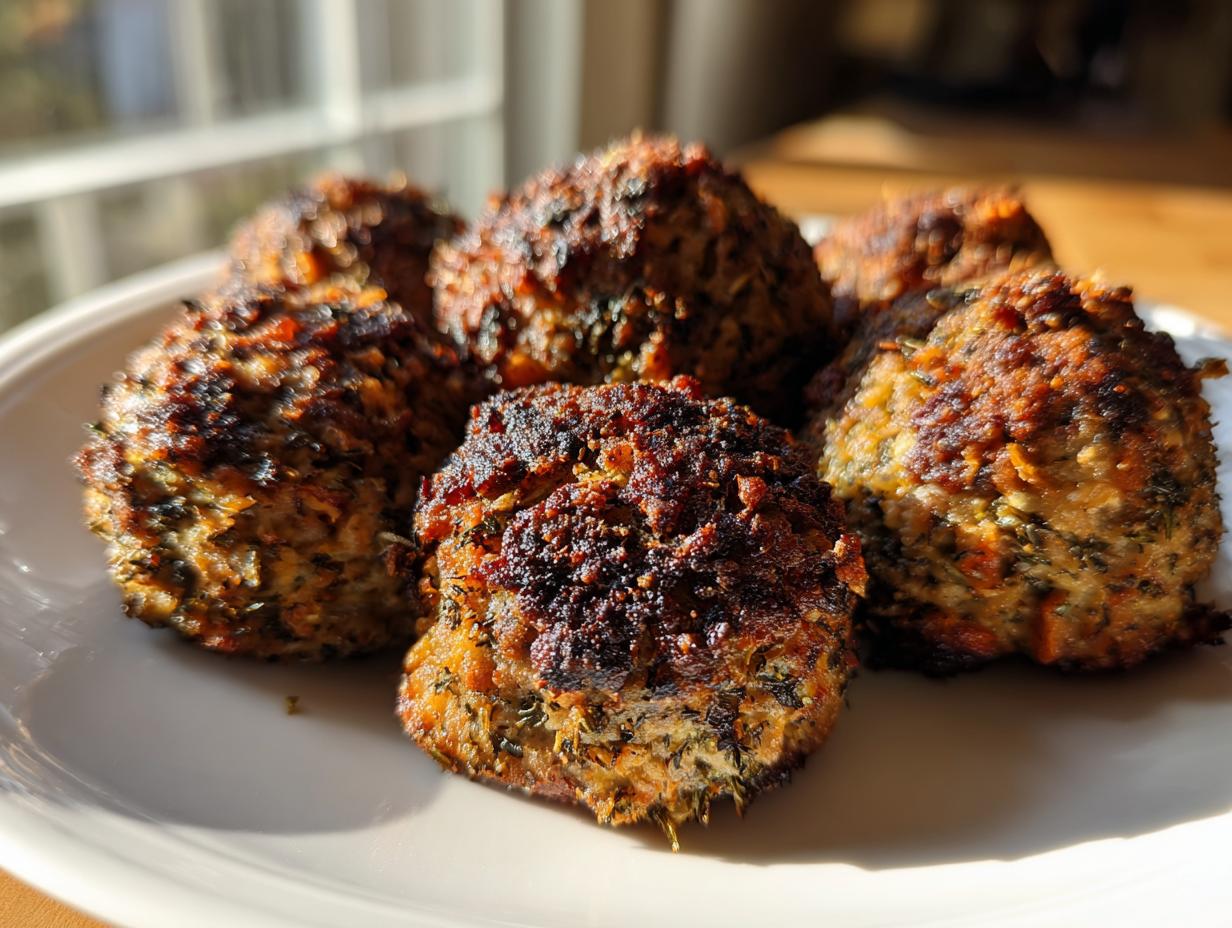 Close-up of several golden-brown, crispy stuffing balls arranged on a white plate.