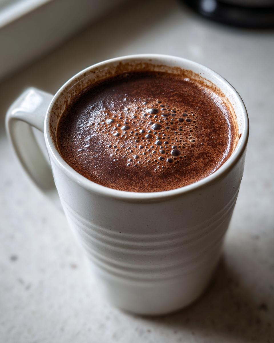 Close-up of a white mug filled with rich, dark crockpot hot chocolate topped with small bubbles.