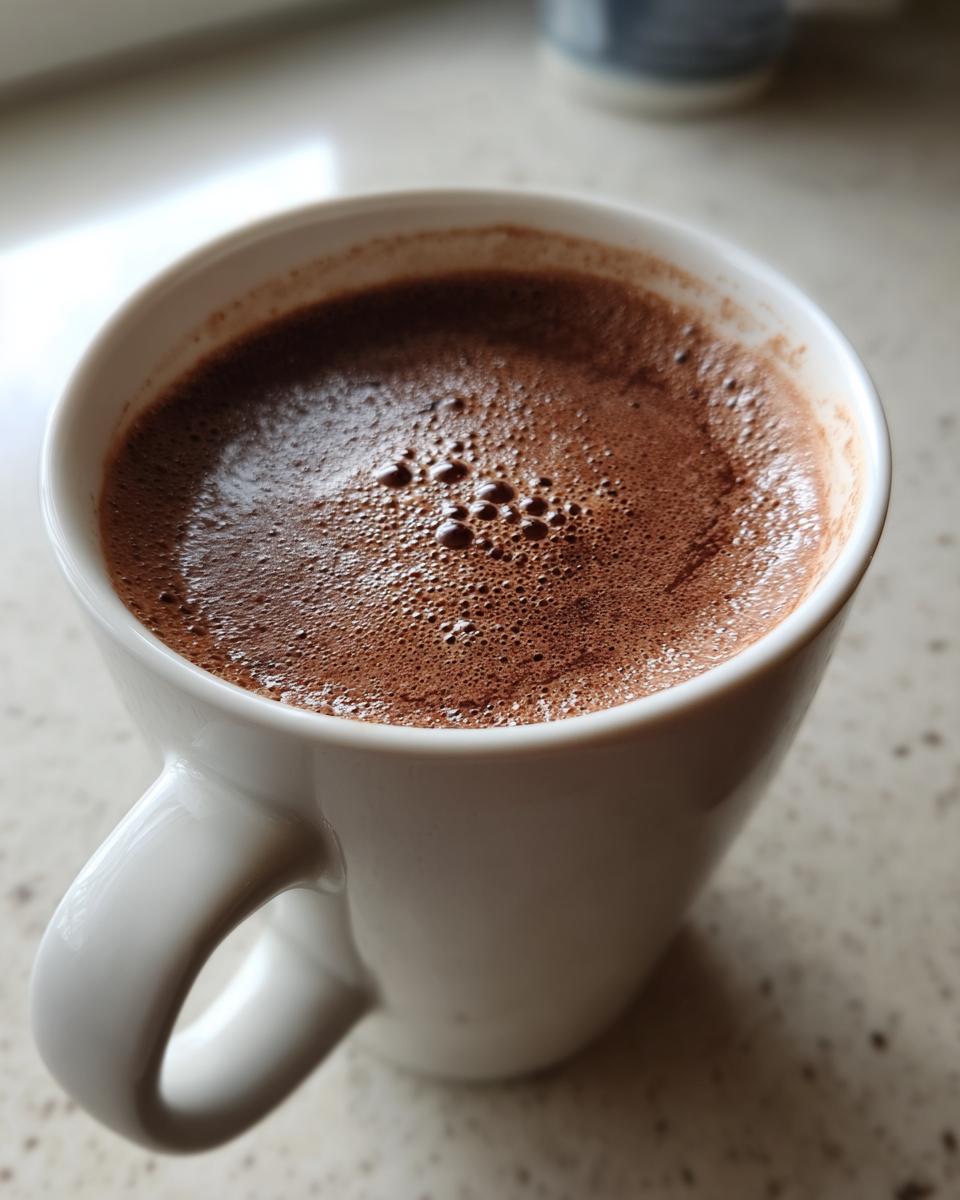 Close-up of a white mug filled with frothy, rich crockpot hot chocolate.