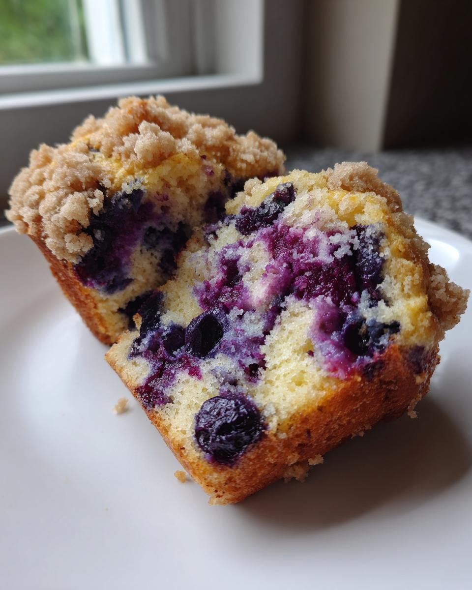 Close-up of a crumb-topped blueberry muffin cut in half, showing moist interior packed with juicy blueberries.