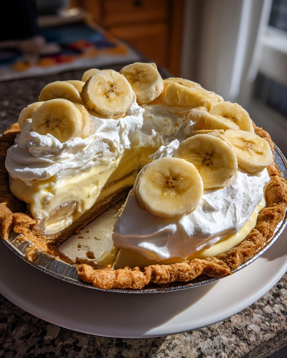 A close-up of a slice removed from a banana cream pie, showing layers of crust, custard, whipped cream, and fresh banana slices.