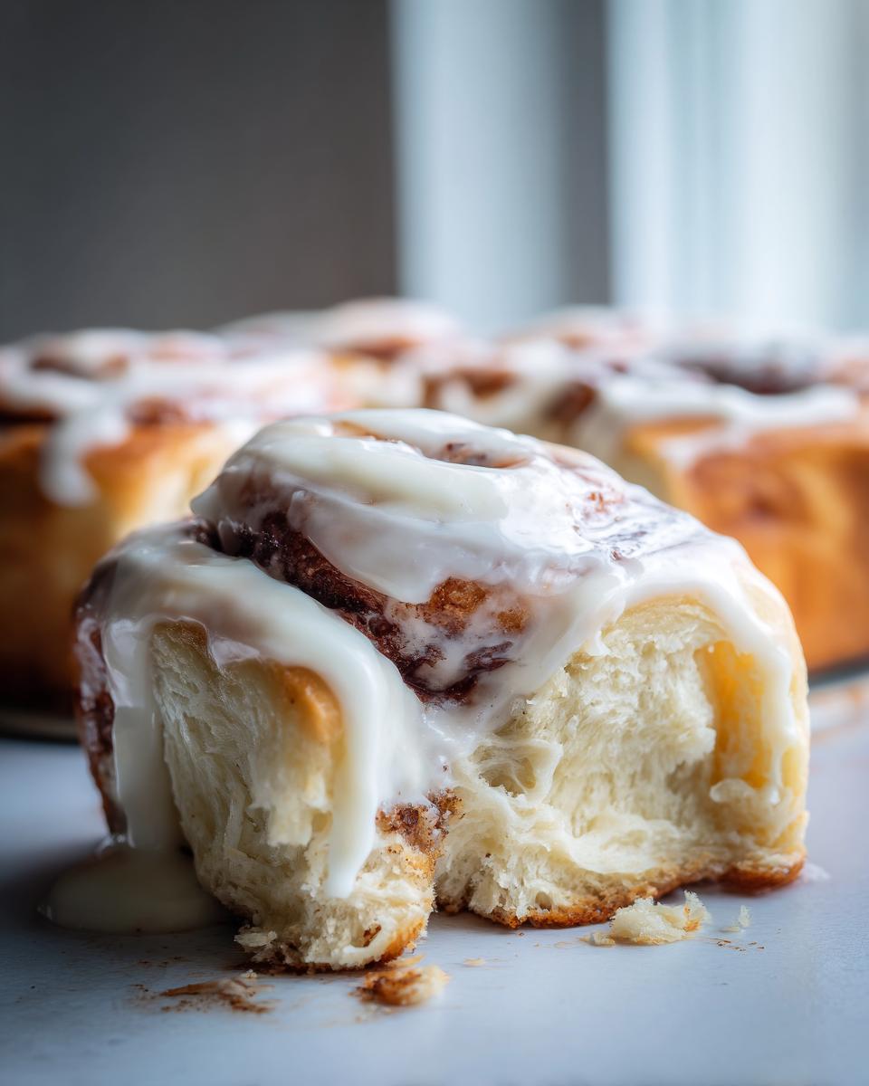 A close-up, dramatic shot of a soft, fluffy cinnamon roll broken open, dripping with thick white icing.