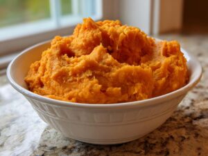 A white bowl filled with bright orange, fluffy mashed sweet potatoes sitting on a granite countertop.