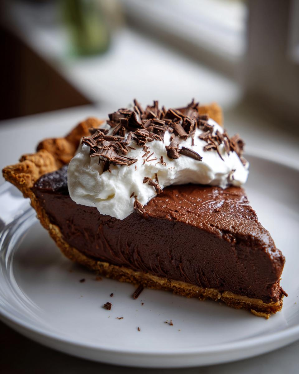 A close-up of a rich slice of french silk pie on a white plate, topped with whipped cream and chocolate shavings.