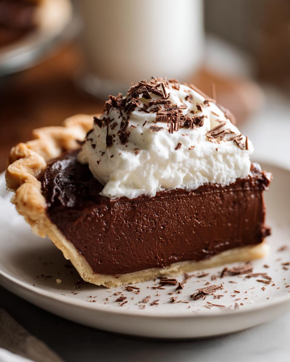 Close-up of a rich slice of french silk pie showing the dark chocolate filling, flaky crust, and whipped cream topping with chocolate shavings.