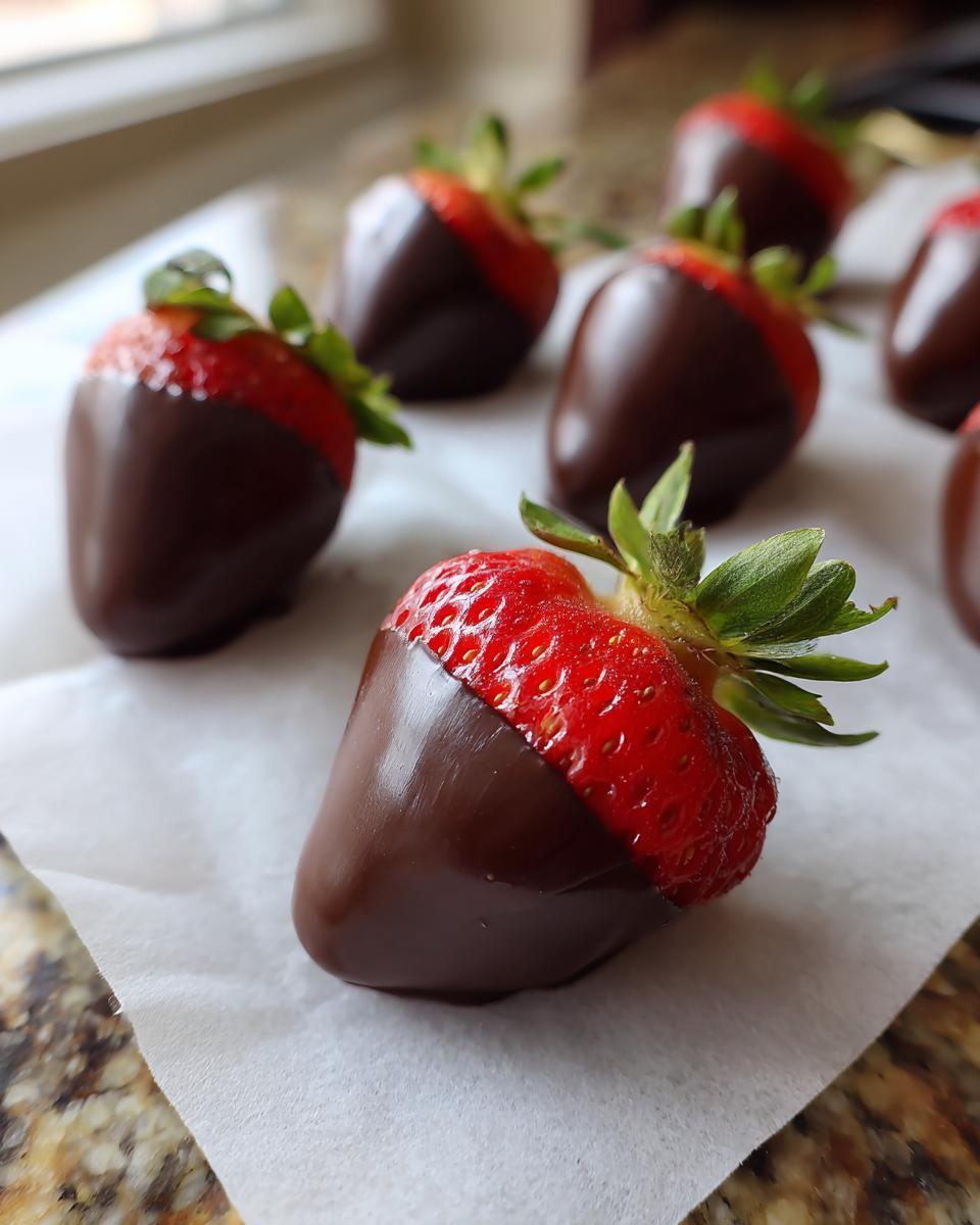 Close-up of a fresh chocolate covered strawberries resting on white parchment paper, set to cool.