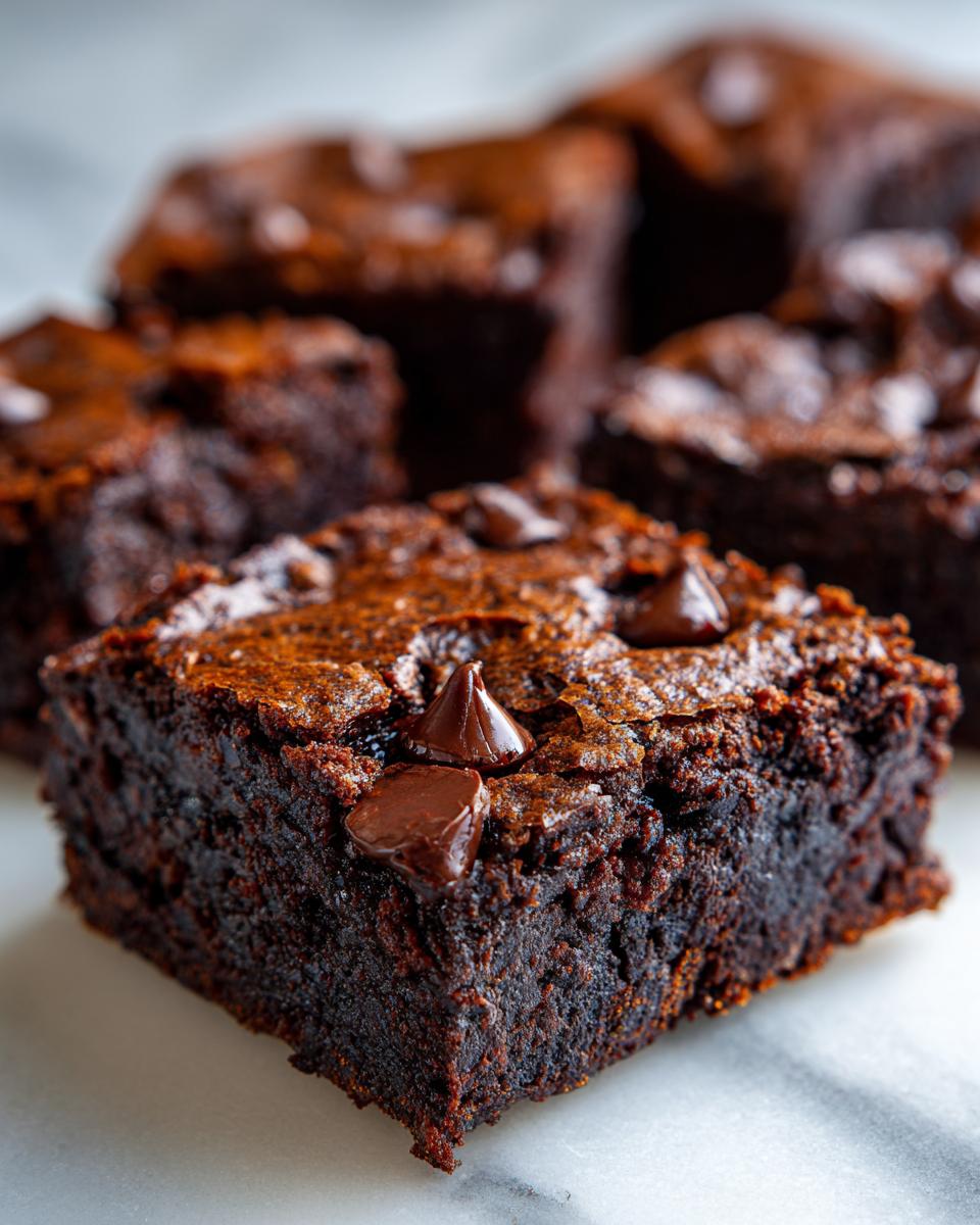 A close-up, rich, fudgy square of zucchini brownies topped with melted chocolate chips on a marble surface.