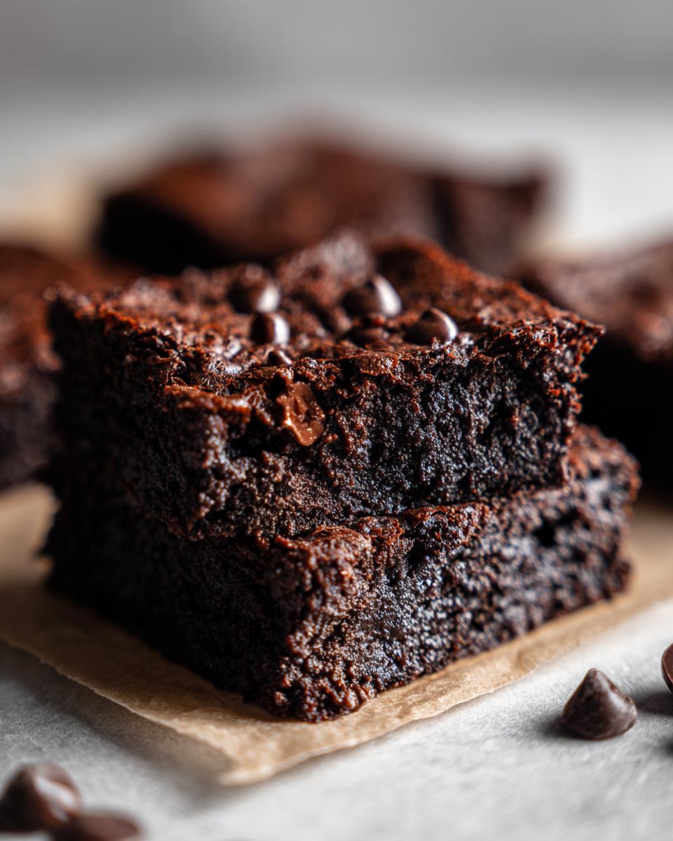 Close-up of two stacked, fudgy zucchini brownies topped with melted chocolate chips.