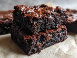 Close-up of two stacked, fudgy zucchini brownies loaded with melted chocolate chips.