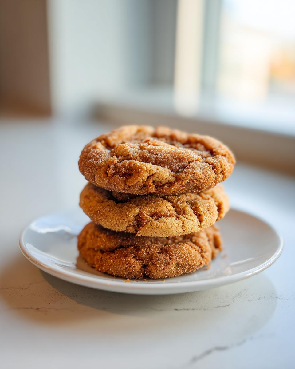 A stack of three crinkly, cinnamon-sugar coated Gilmore Girls coffee cake cookies resting on a small white plate.