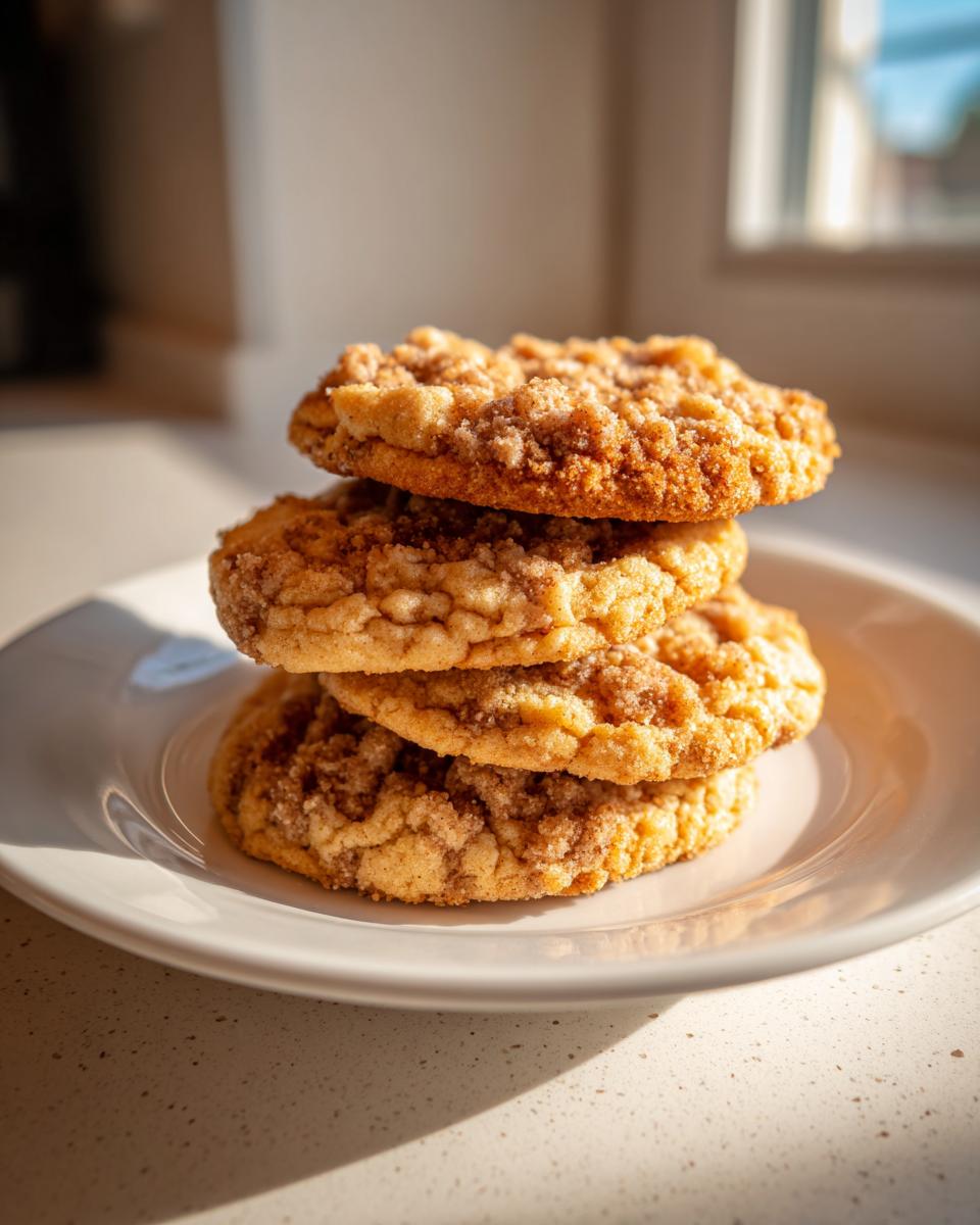 A stack of four delicious Gilmore Girls coffee cake cookies topped with cinnamon streusel, sitting on a white plate.