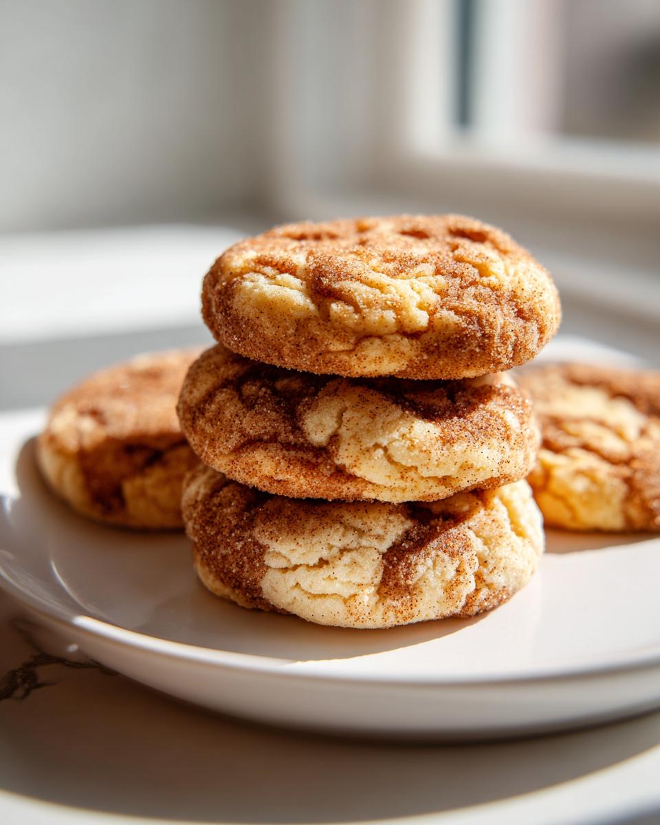 A stack of three soft, thick Gilmore Girls coffee cake cookies coated in cinnamon sugar on a white plate.